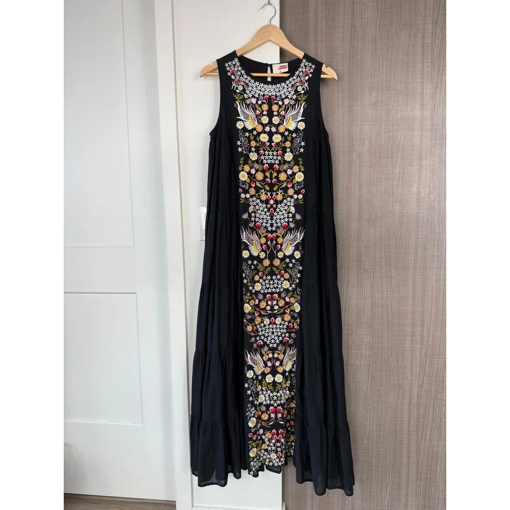 Anthropologie Samant Chauhan Black Jacaranda Tiered Maxi Dress Embroidered 8 - Picture 6 of 16